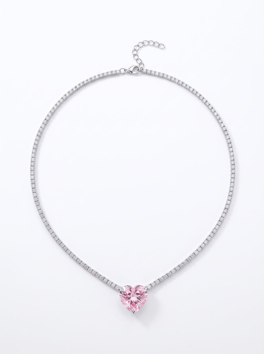 Pink Heart Tennis Necklace in 925 Sterling Silver