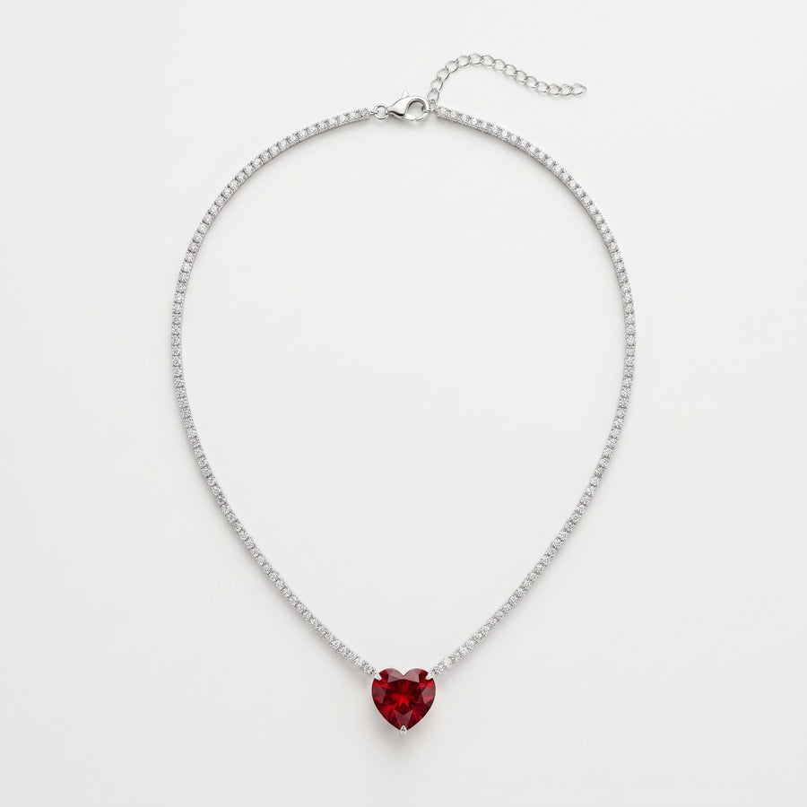 Burgundy Heart Tennis Necklace in 925 Sterling Silver