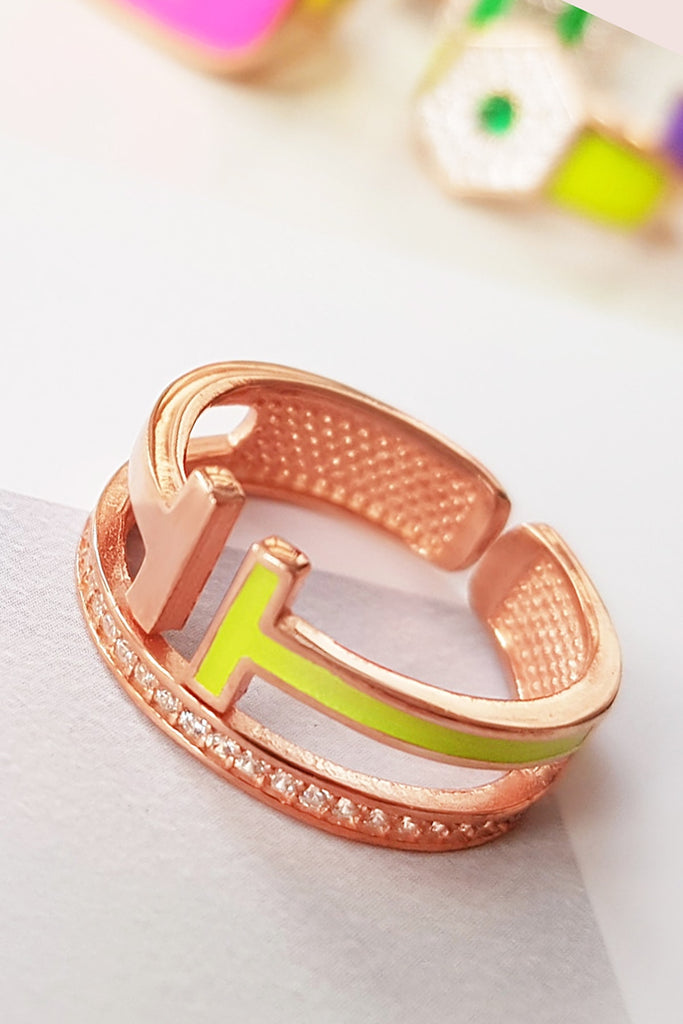 Yellow Neon Double T  Ring - arcina jewellery